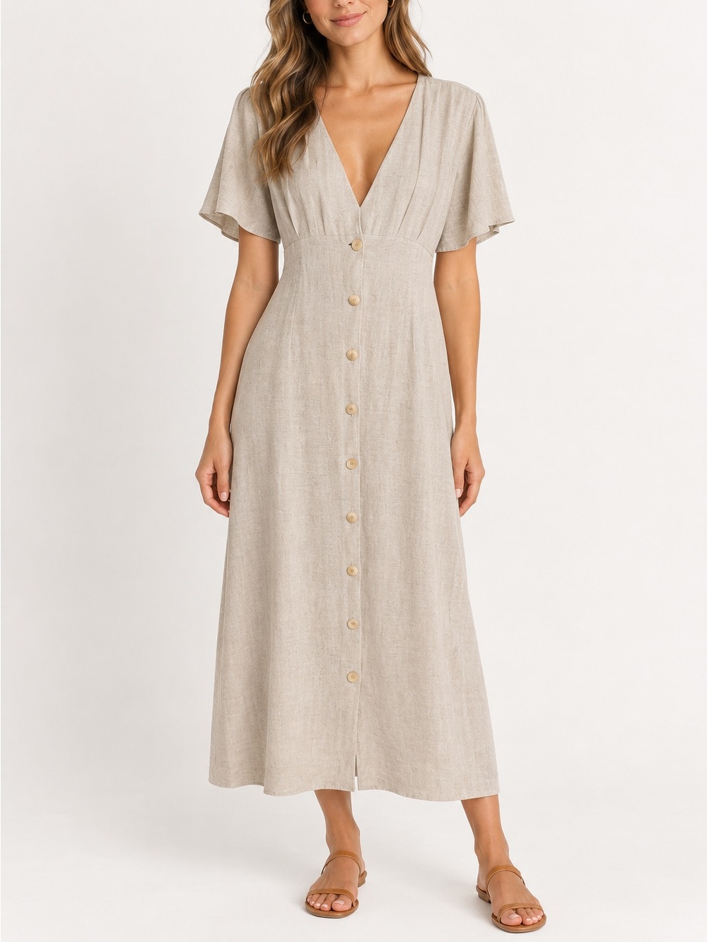 Club Monaco Linen Blend Midi Dress Button Front V-Neck beige small